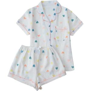 imageSweatyRocks Womens Matching Pjs 2 Piece Cute Printed Short Sleeve Button Front Top with Shorts Pajama SetApricot Heart