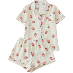 imageSweatyRocks Womens Matching Pjs 2 Piece Cute Printed Short Sleeve Button Front Top with Shorts Pajama SetApricot Pink