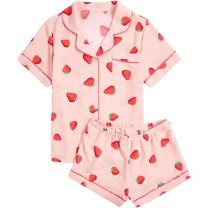 imageSweatyRocks Womens Matching Pjs 2 Piece Cute Printed Short Sleeve Button Front Top with Shorts Pajama SetApricot Strawberry