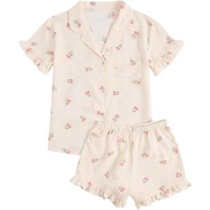imageSweatyRocks Womens Matching Pjs 2 Piece Cute Printed Short Sleeve Button Front Top with Shorts Pajama SetBeige