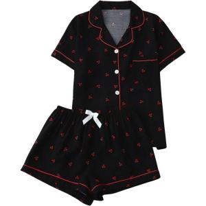 imageSweatyRocks Womens Matching Pjs 2 Piece Cute Printed Short Sleeve Button Front Top with Shorts Pajama SetBlack