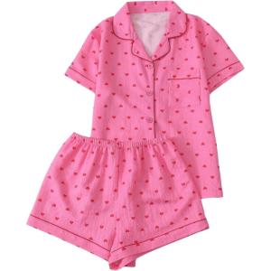 imageSweatyRocks Womens Matching Pjs 2 Piece Cute Printed Short Sleeve Button Front Top with Shorts Pajama SetCoral Pink