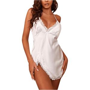 imageSweatyRocks Womens Nightgown Criss Cross Backless Lace V Neck Sleeveless Split Thigh Mini Slip DressWhite