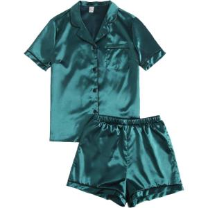 imageSweatyRocks Womens Short Sleeve Sleepwear Button Down Satin 2 Piece Pajama SetArmy Green