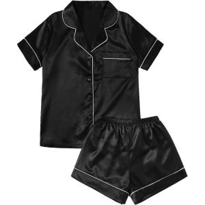imageSweatyRocks Womens Short Sleeve Sleepwear Button Down Satin 2 Piece Pajama SetBlack