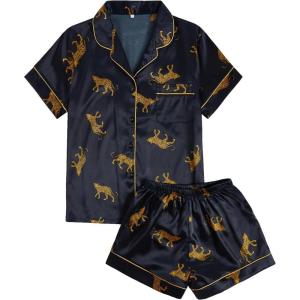 imageSweatyRocks Womens Short Sleeve Sleepwear Button Down Satin 2 Piece Pajama SetBlack Leopard