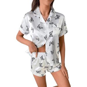 imageSweatyRocks Womens Short Sleeve Sleepwear Button Down Satin 2 Piece Pajama SetButterfly White