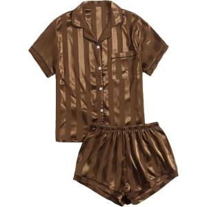 imageSweatyRocks Womens Short Sleeve Sleepwear Button Down Satin 2 Piece Pajama SetCoffee Brown Stripe