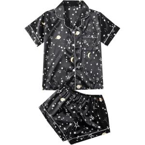 imageSweatyRocks Womens Short Sleeve Sleepwear Button Down Satin 2 Piece Pajama SetGalaxy Black