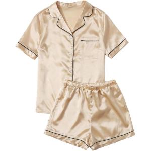 imageSweatyRocks Womens Short Sleeve Sleepwear Button Down Satin 2 Piece Pajama SetGold