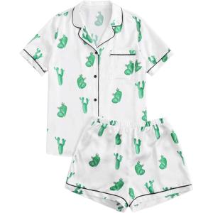 imageSweatyRocks Womens Short Sleeve Sleepwear Button Down Satin 2 Piece Pajama SetGreen