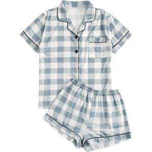 imageSweatyRocks Womens Short Sleeve Sleepwear Button Down Satin 2 Piece Pajama SetLight Blue