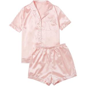 imageSweatyRocks Womens Short Sleeve Sleepwear Button Down Satin 2 Piece Pajama SetLight Pink