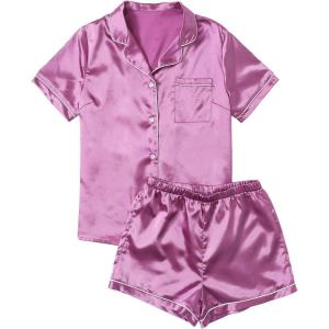 imageSweatyRocks Womens Short Sleeve Sleepwear Button Down Satin 2 Piece Pajama SetLight Purple