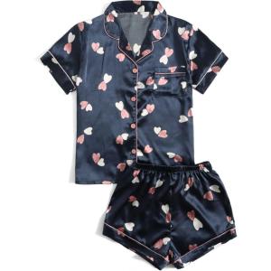 imageSweatyRocks Womens Short Sleeve Sleepwear Button Down Satin 2 Piece Pajama SetNavy Blue Heart