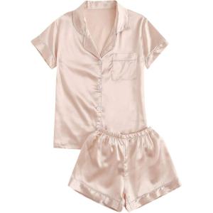 imageSweatyRocks Womens Short Sleeve Sleepwear Button Down Satin 2 Piece Pajama SetNude