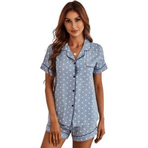 imageSweatyRocks Womens Short Sleeve Sleepwear Button Down Satin 2 Piece Pajama SetPale Blue Dots