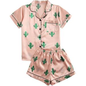 imageSweatyRocks Womens Short Sleeve Sleepwear Button Down Satin 2 Piece Pajama SetPink