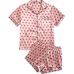 imageSweatyRocks Womens Short Sleeve Sleepwear Button Down Satin 2 Piece Pajama SetPink Heart
