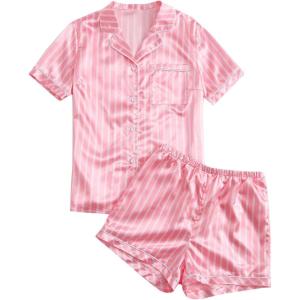 imageSweatyRocks Womens Short Sleeve Sleepwear Button Down Satin 2 Piece Pajama SetPink Solid