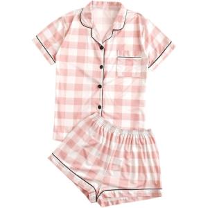 imageSweatyRocks Womens Short Sleeve Sleepwear Button Down Satin 2 Piece Pajama SetPlaid Pink