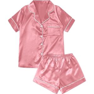 imageSweatyRocks Womens Short Sleeve Sleepwear Button Down Satin 2 Piece Pajama SetPure Pink