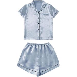 imageSweatyRocks Womens Short Sleeve Sleepwear Button Down Satin 2 Piece Pajama SetSky Blue