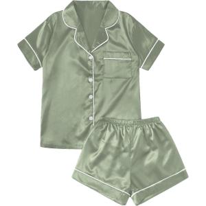 imageSweatyRocks Womens Short Sleeve Sleepwear Button Down Satin 2 Piece Pajama SetSolid Army Green
