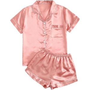 imageSweatyRocks Womens Short Sleeve Sleepwear Button Down Satin 2 Piece Pajama SetSolid Color Pink