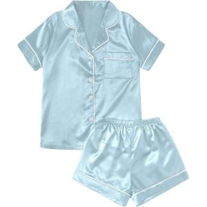 imageSweatyRocks Womens Short Sleeve Sleepwear Button Down Satin 2 Piece Pajama SetSolid Pale Blue