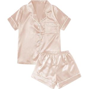 imageSweatyRocks Womens Short Sleeve Sleepwear Button Down Satin 2 Piece Pajama SetSolid Pale Pink