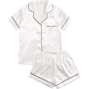 imageSweatyRocks Womens Short Sleeve Sleepwear Button Down Satin 2 Piece Pajama SetWhite