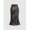 imageSweatyRocks Womens Floral Print Midi Skirt Lettuce Trim Skinny Mesh Fishtail SkirtsBlack