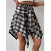 imageSweatyRocks Womens Plaid Skirt Knot Front Asymmetrical Hem High Waist Flared SkirtsDark Grey