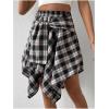 imageSweatyRocks Womens Plaid Skirt Knot Front Asymmetrical Hem High Waist Flared SkirtsDark Grey