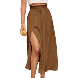 imageSweatyRocks Womens Casual High Waist Split Thigh Skirts High Waisted Solid Midi SkirtsCoffee Brown