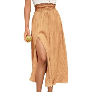 imageSweatyRocks Womens Casual High Waist Split Thigh Skirts High Waisted Solid Midi SkirtsCoral Orange