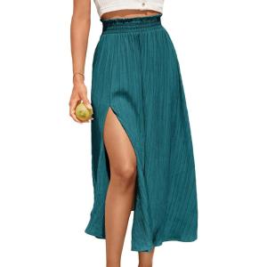 imageSweatyRocks Womens Casual High Waist Split Thigh Skirts High Waisted Solid Midi SkirtsTeal Blue