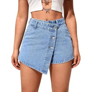 imageSweatyRocks Womens Casual High Waisted Button Front Jean Shorts Denim Wrap Skort Skirt with PocketLight Wash