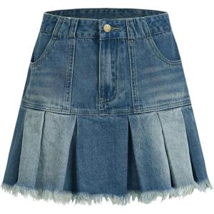 imageSweatyRocks Womens Casual Ruffle Pleated Denim Skirt Raw Hem Short A Line Jean SkirtsDark Wash
