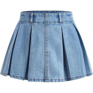 imageSweatyRocks Womens Casual Ruffle Pleated Denim Skirt Raw Hem Short A Line Jean SkirtsLight Wash Blue