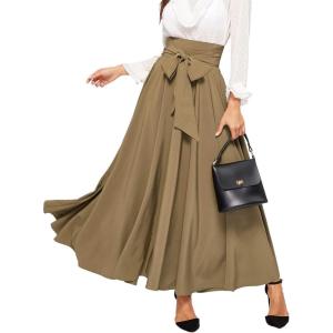imageSweatyRocks Womens Elegant High Waist Skirt Tie Front Pleated Maxi SkirtsKhaki