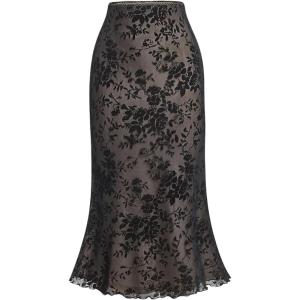imageSweatyRocks Womens Floral Print Midi Skirt Lettuce Trim Skinny Mesh Fishtail SkirtsBlack