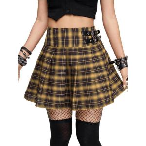 imageSweatyRocks Womens High Waist Plaid Mini Pleated Skirts Buckle Decor Punk Gothic SkirtYellow