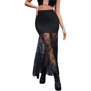 imageSweatyRocks Womens High Waisted Floral Lace Sheer Mesh Mermaid Maxi SkirtBlack
