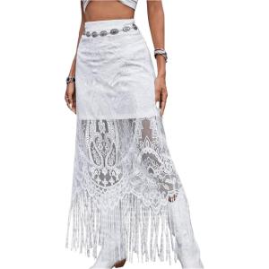 imageSweatyRocks Womens High Waisted Floral Lace Sheer Mesh Mermaid Maxi SkirtWhite
