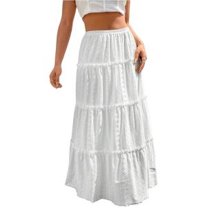 imageSweatyRocks Womens High Waisted Maxi Skirts Ruffle Tiered Frill Trim Eyelet SkirtWhite