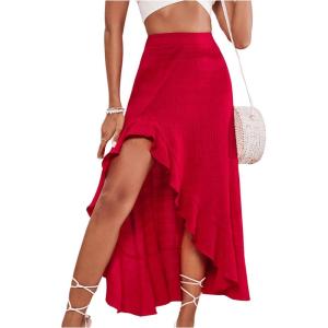 imageSweatyRocks Womens High Waisted Ruffled Asymmetric Hem Long Skirt Split High Low Maxi SkirtsRed