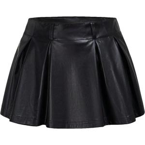 imageSweatyRocks Womens PU Leather A Line Mini Skirt Flared Hem Pleated Skirts with ShortsBlack