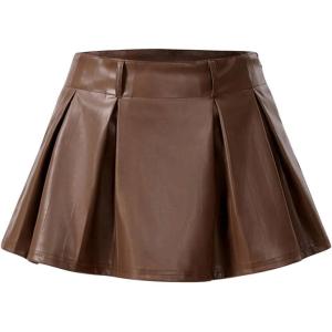 imageSweatyRocks Womens PU Leather A Line Mini Skirt Flared Hem Pleated Skirts with ShortsBrown
